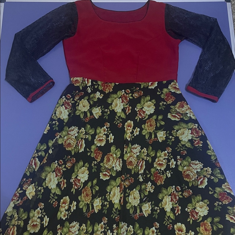 Red and Floral Dress with Black Mesh Sleeves